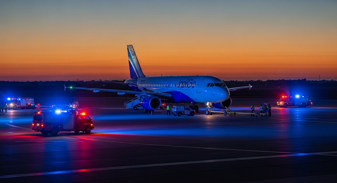 An IndiGo flight, 6E 2608, is parked in an isolation bay on a tarmac at dusk, surrounded by emergency vehicle lights, following a bomb threat that led to the safe disembarkation of all passengers and crew, which was later declared a hoax after security checks.