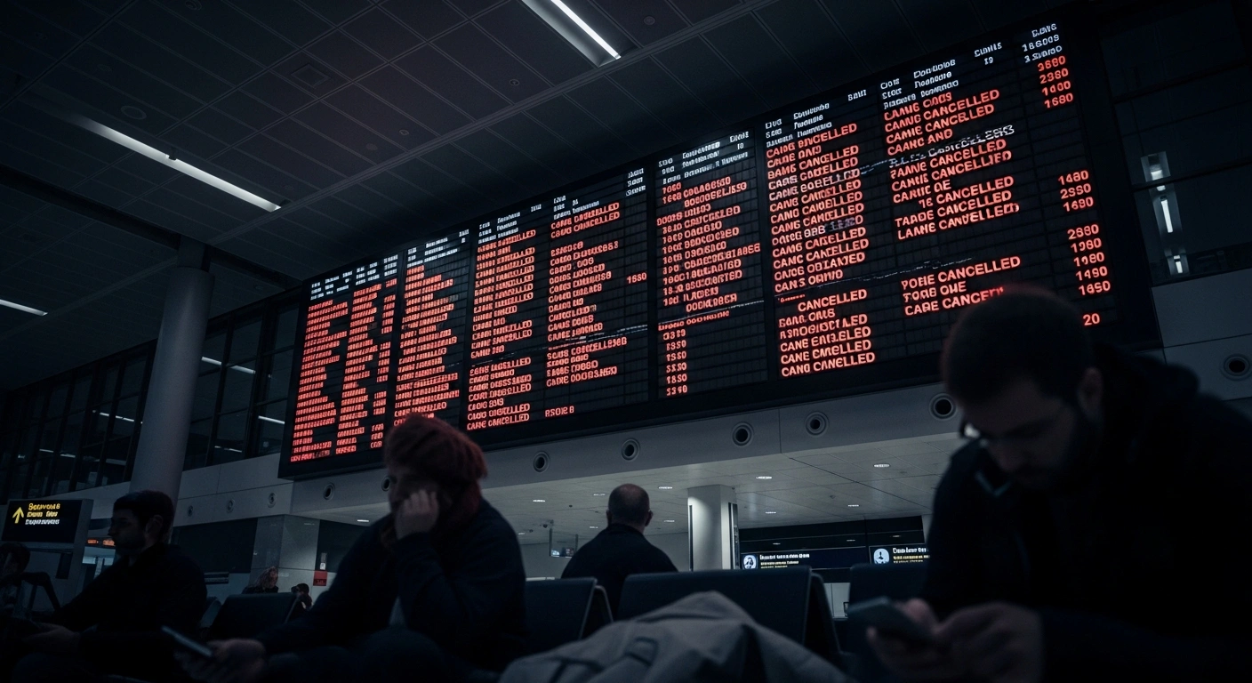 A large digital departure board in a dimly lit airport terminal displays numerous red 'CANCELLED' and 'DELAYED' statuses, reflecting the widespread flight disruptions faced by IndiGo due to pilot shortages and new FDTL norms.