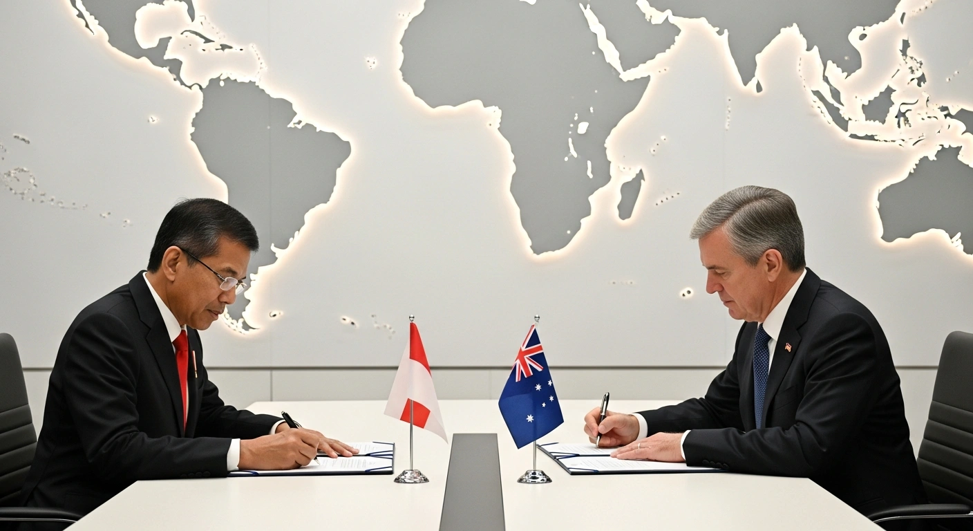 Indonesian President Prabowo Subianto and Australian Prime Minister Anthony Albanese are shown at a modern conference table, signing a document, with a subtly glowing map of the Indo-Pacific region in the background, symbolizing their new bilateral Treaty on Common Security.