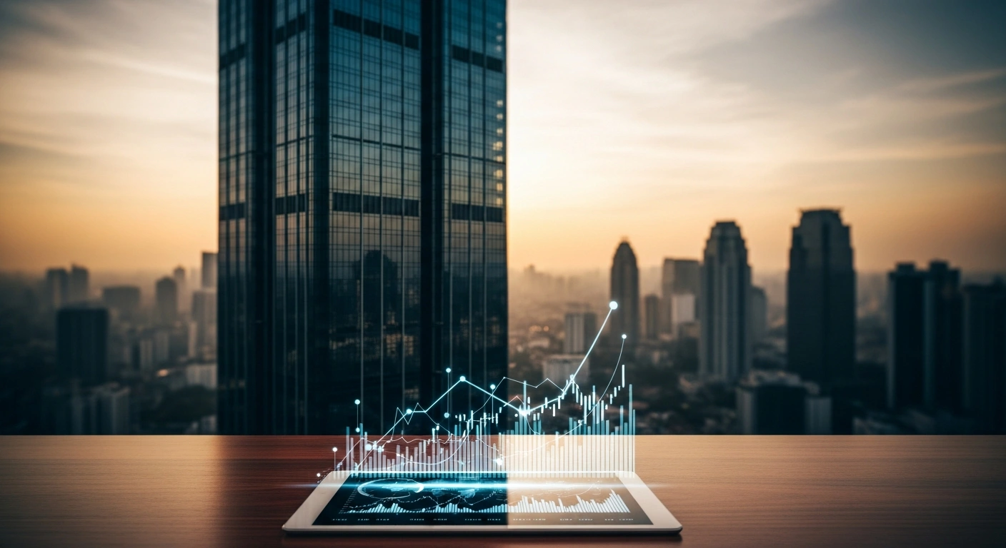 A modern office desk with a digital tablet showing financial data overlooks a Jakarta skyscraper, representing the successful international bond issuance by Indonesia's sovereign wealth fund, BPI Danantara.