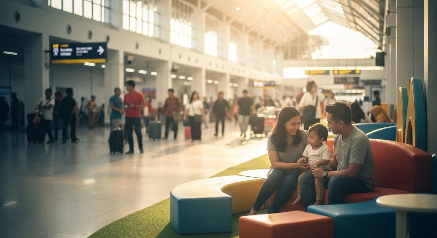 A family rests in a child-friendly lounge at an Indonesian transit hub during the Eid al-Fitr mudik homecoming migration.