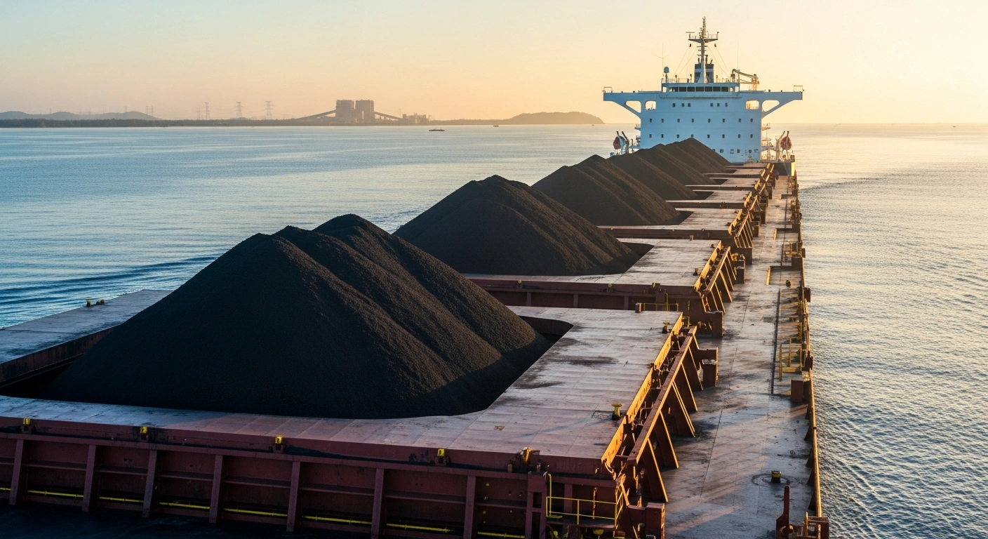 A large cargo ship carrying coal travels across the ocean to supply the Philippines with fuel for its energy sector.