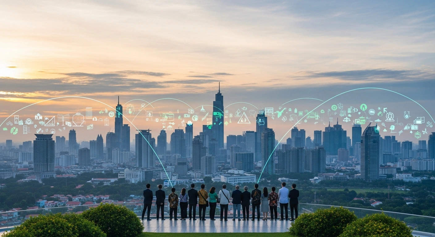 A panoramic view of Jakarta at dawn, featuring a modern skyline and a diverse group of delegates on an elevated platform, visually representing Indonesia's five priority agendas for the 12th D-8 Summit in April 2026, which include enhancing economic cooperation, expanding the halal economy, promoting blue and green economies, strengthening digital connectivity, and implementing organizational reforms.