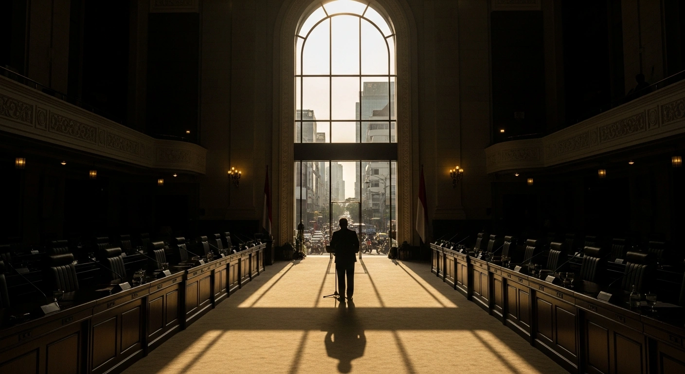 A wide, low-angle shot inside an ornate Indonesian parliamentary chamber shows a lone, imposing figure at a podium casting a long shadow, with a blurred, distant view of bustling street life through an arched window, symbolizing the proposed shift from direct regional elections to an indirect system and concerns about democratic backsliding.