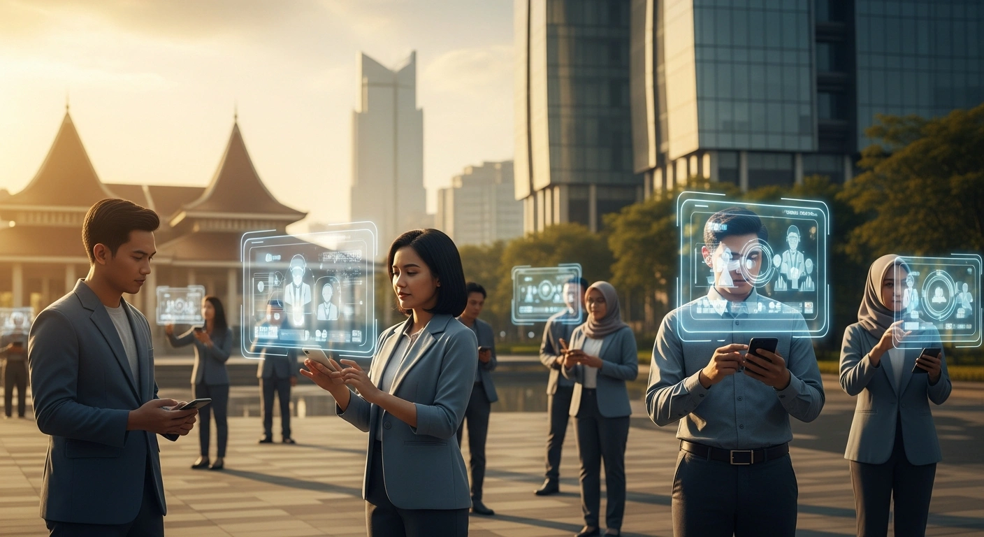 A diverse group of people in Indonesia uses digital technology to access public services and payment systems as part of the 50-in-5 digital infrastructure initiative.
