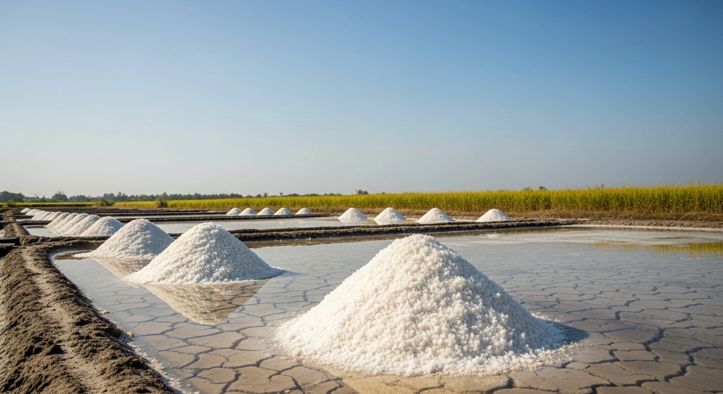 A salt farmer harvests white salt crystals from drying pans in West Java during a severe drought caused by El Niño conditions in Indonesia.