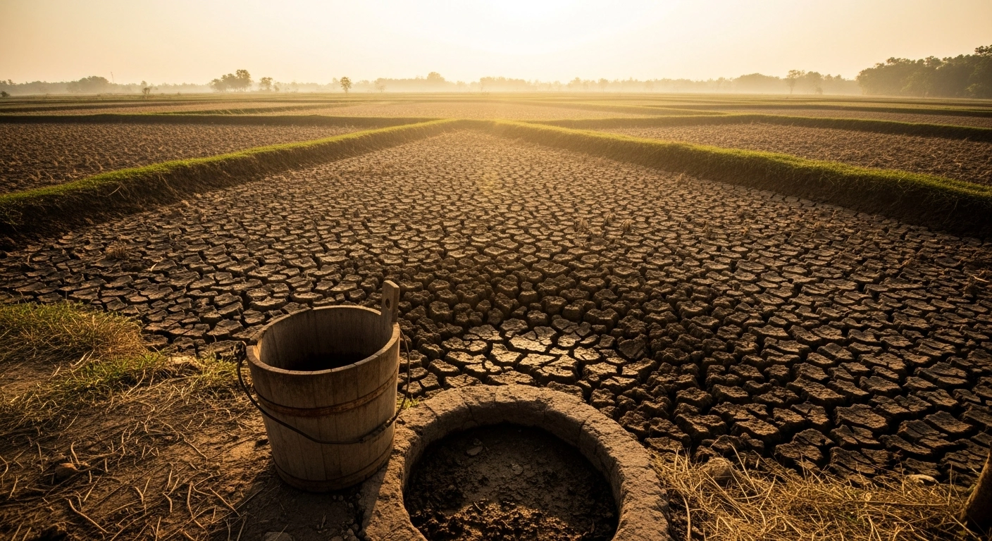 A cracked, dry landscape in Indonesia illustrates the urgent water shortage risks posed by the El Niño phenomenon.