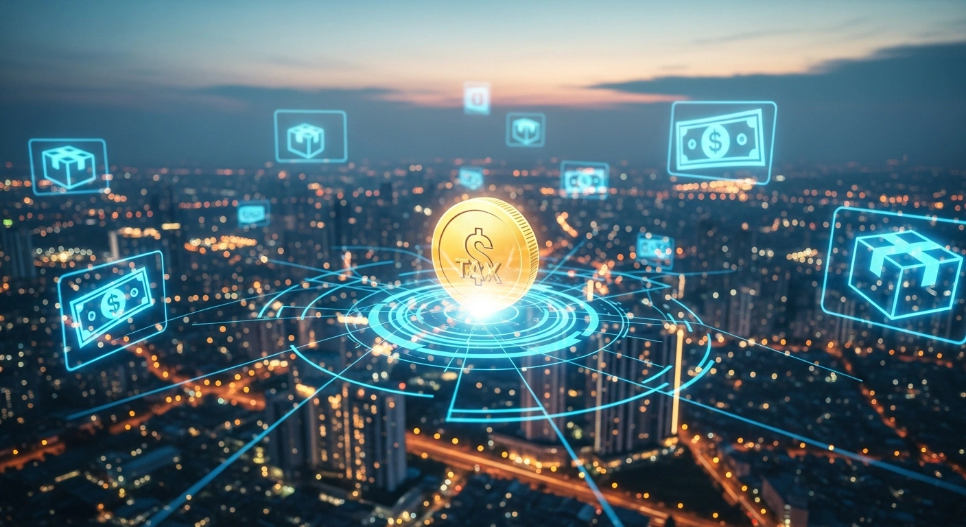 A digital visualization of Indonesia's e-commerce sector featuring glowing icons and currency symbols representing the government's new income tax collection policy for online transactions.