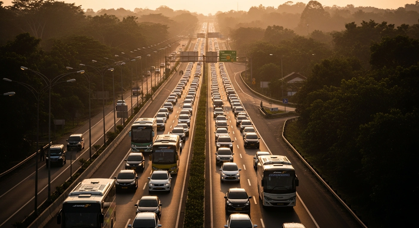 A steady flow of traffic moves along an Indonesian highway during the 2026 Eid homecoming period, reflecting improved road safety despite high traveler mobility.