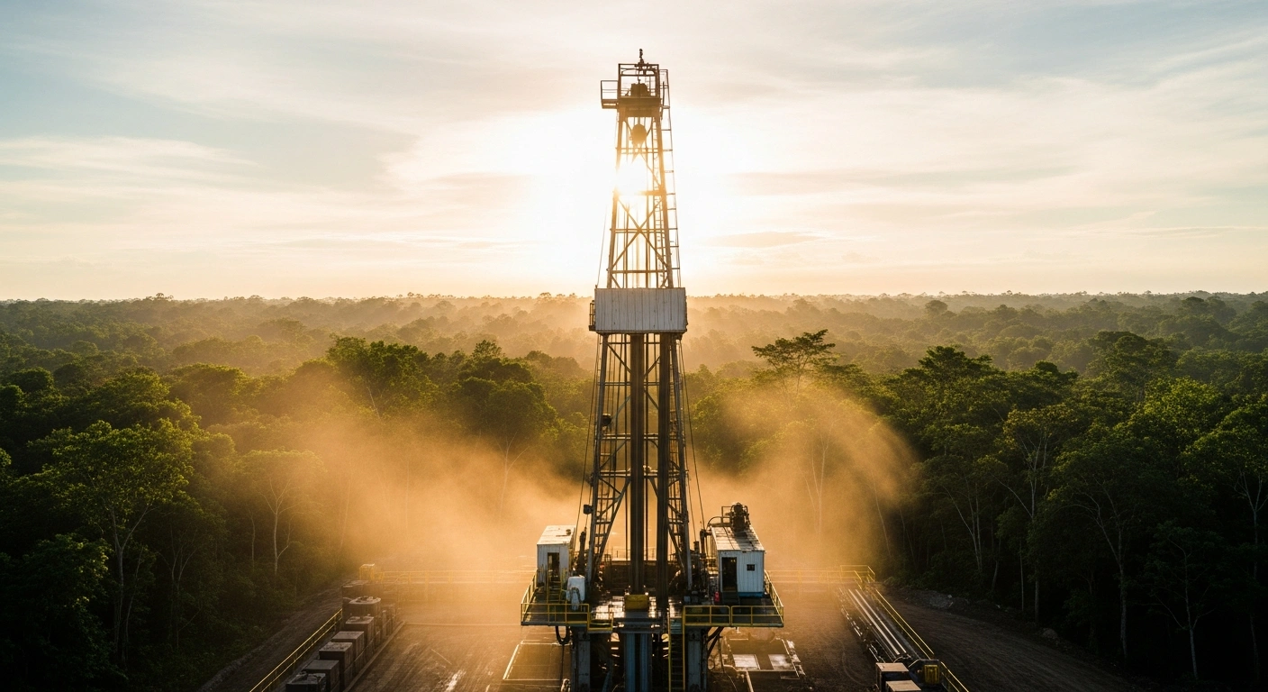 An industrial drilling rig stands at the K-29 well site in the Kruh Block as part of the Indonesia Energy Corporation drilling program.
