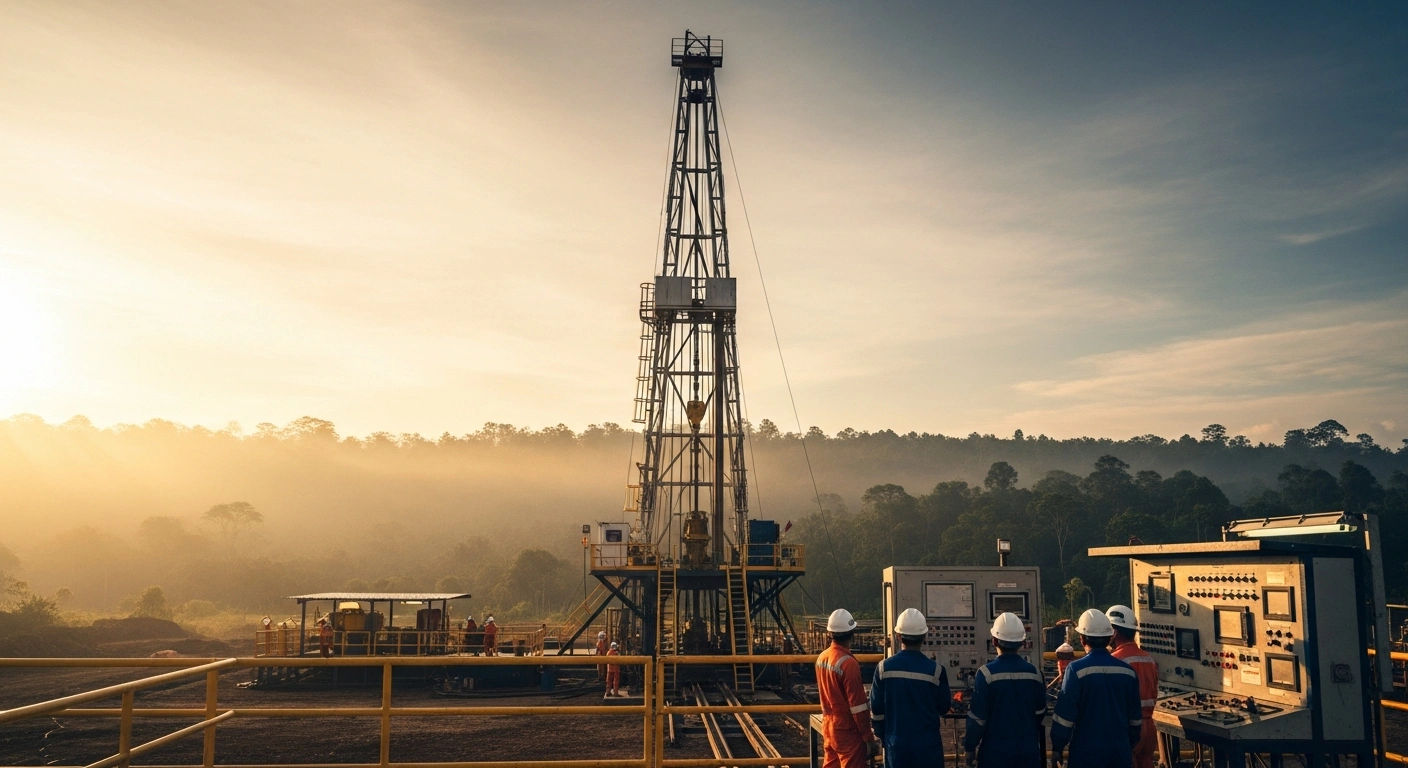 An industrial oil drilling rig stands in a South Sumatra jungle as Indonesia Energy Corporation prepares to begin operations at the K-29 well.