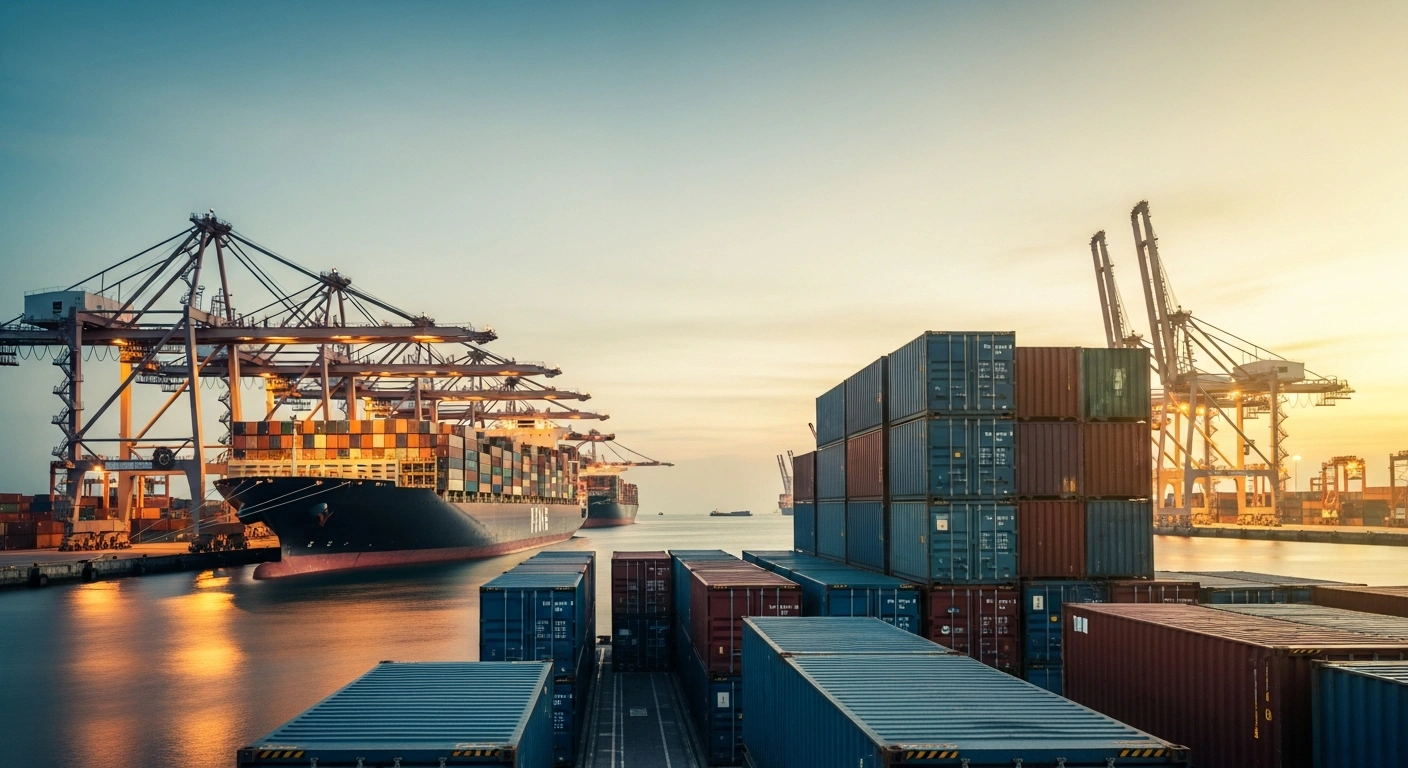 A busy Indonesian shipping port at sunset illustrates the government's new foreign exchange policy for natural resource exports to international partners like the United States.