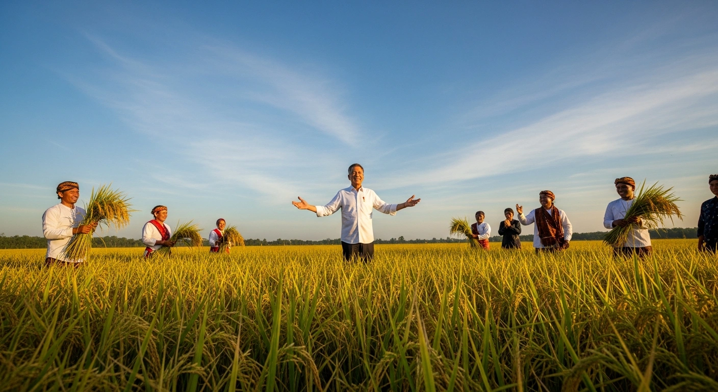 President Prabowo Subianto stands in a vast, golden rice field during a mass harvest event in Karawang, West Java, celebrating Indonesia's achievement of food self-sufficiency in rice by producing 34.7 million metric tons in 2025.