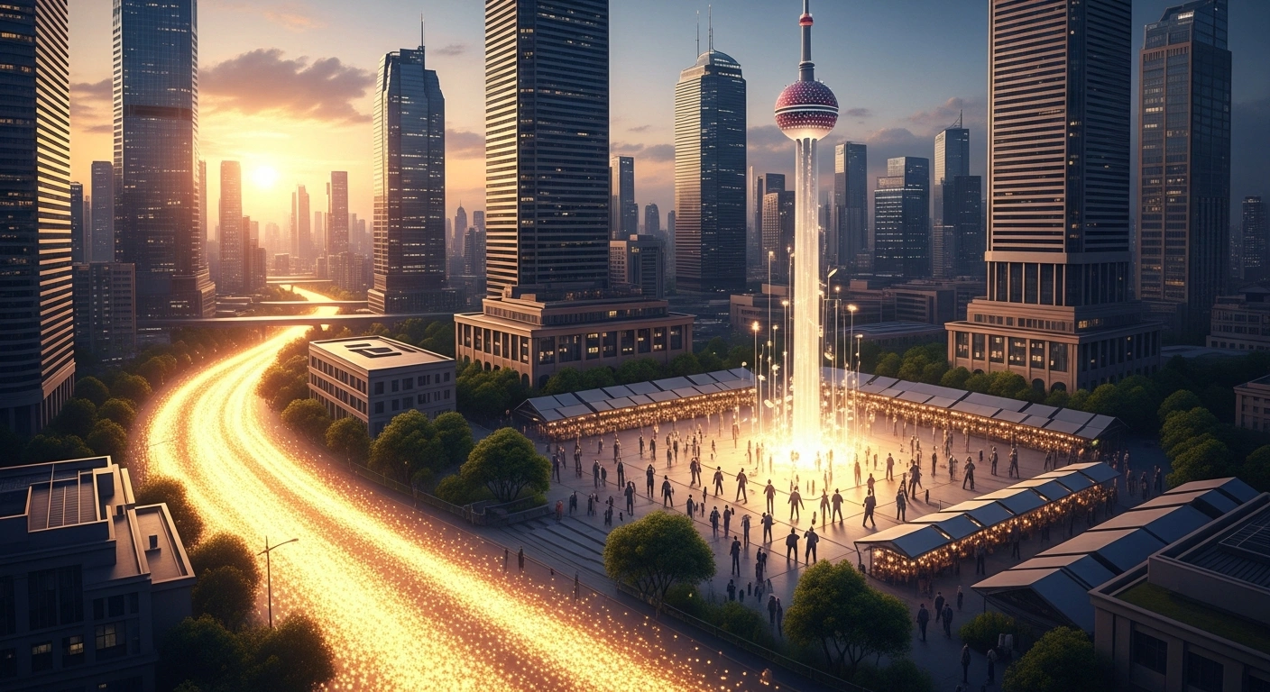 A stylized aerial view of a vibrant Indonesian financial district at dusk, with a golden river symbolizing foreign capital flowing into a bustling market square, representing Bank Indonesia's recorded net inflow of Rp1 trillion into Indonesia's financial market in late October 2025, primarily driven by stock purchases.