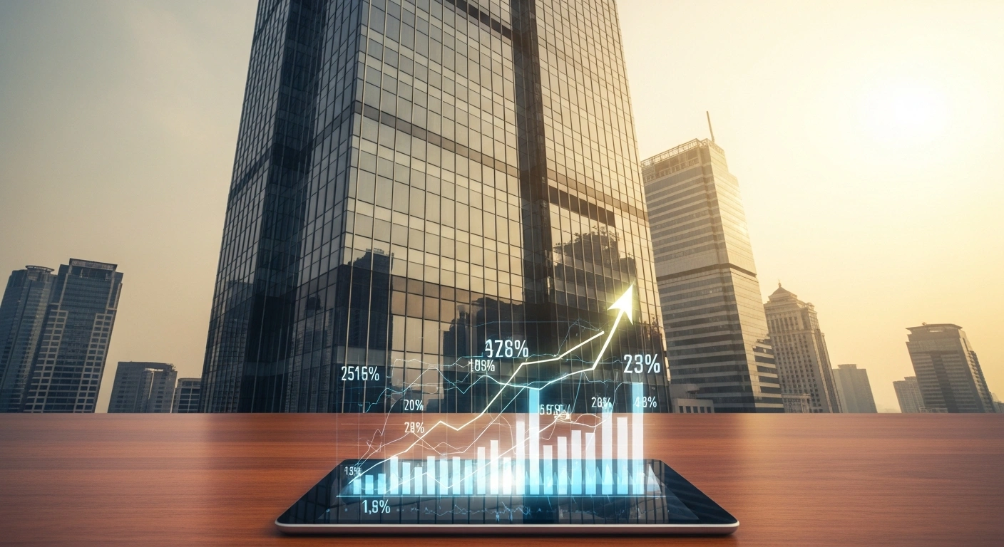 A modern office desk with a tablet showing rising financial charts against a backdrop of the Jakarta skyline, representing foreign capital investment in Indonesian government bonds.