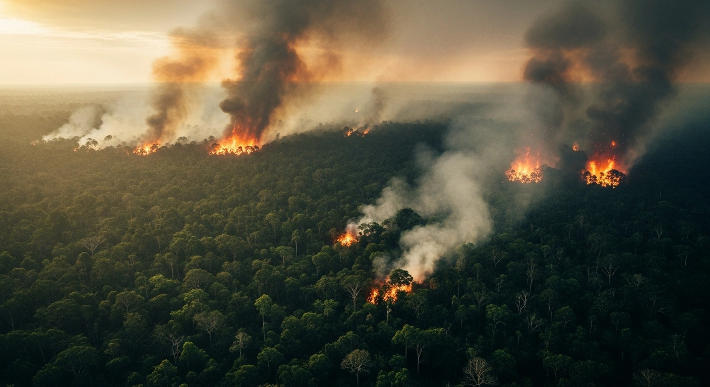Aerial view of forest fires burning in the Kalimantan rainforest with thick smoke rising from multiple hotspots across the landscape.