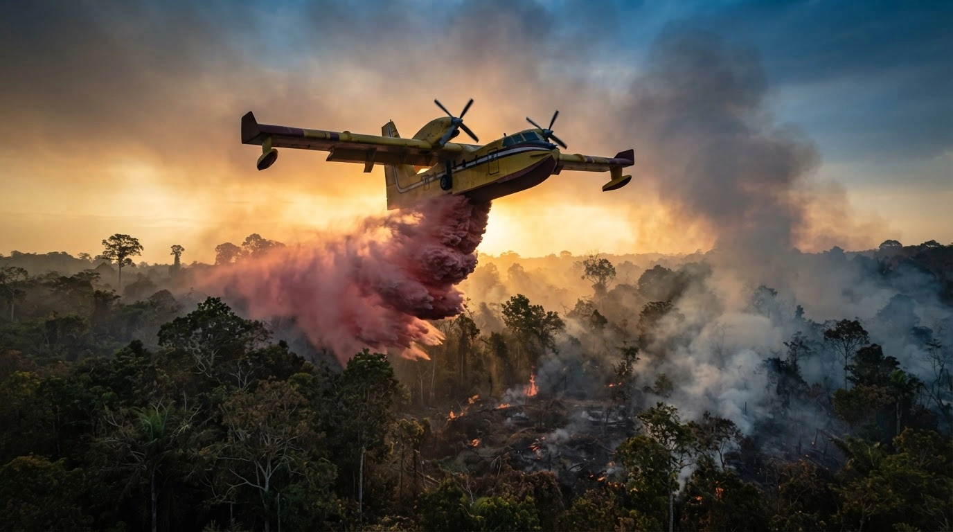 A firefighting aircraft drops water over a burning Indonesian forest as part of a large-scale disaster management operation to suppress wildfires.