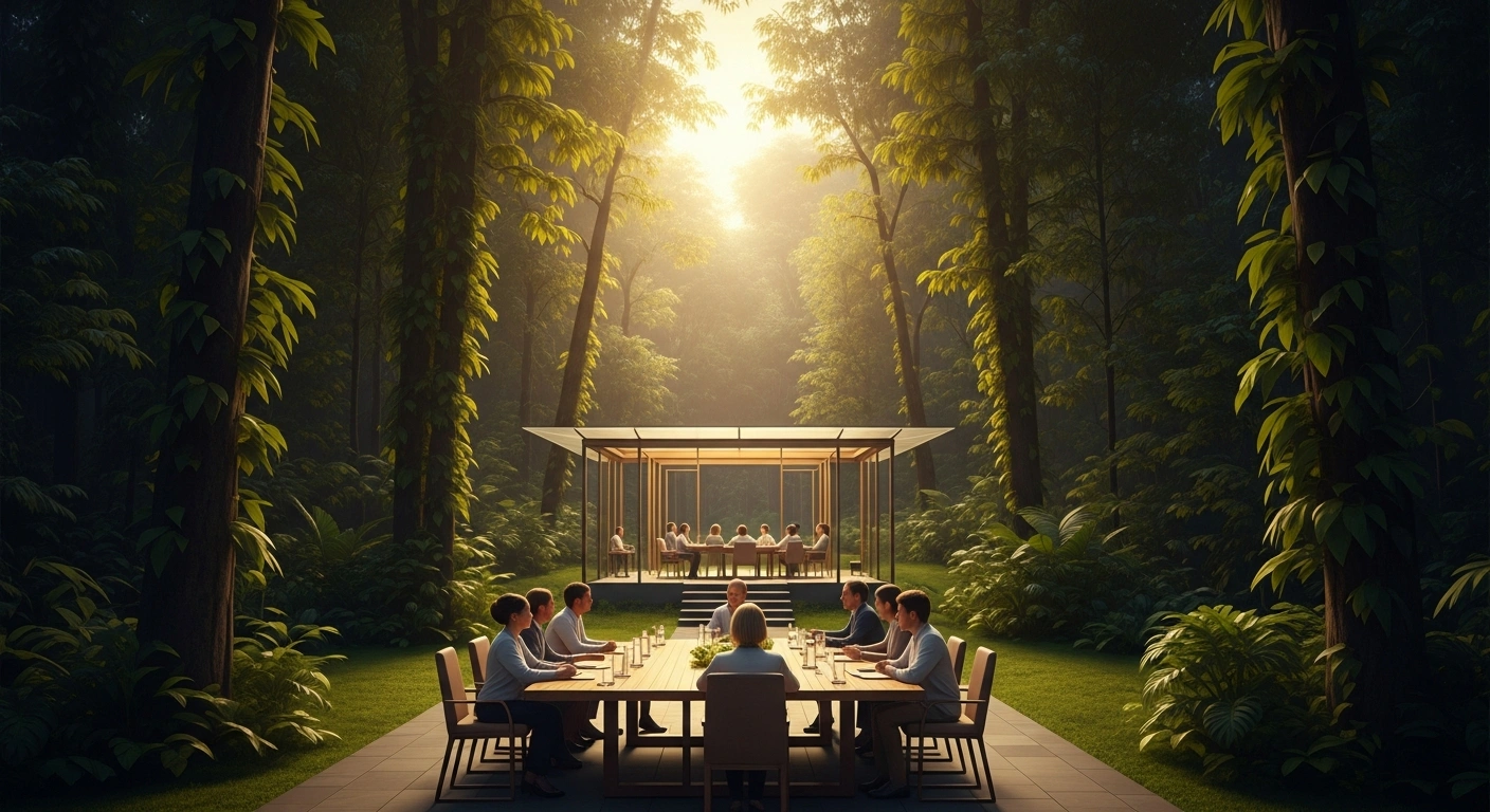 International stakeholders meet in a modern pavilion within an Indonesian rainforest to discuss the new forestry carbon trading regulation.