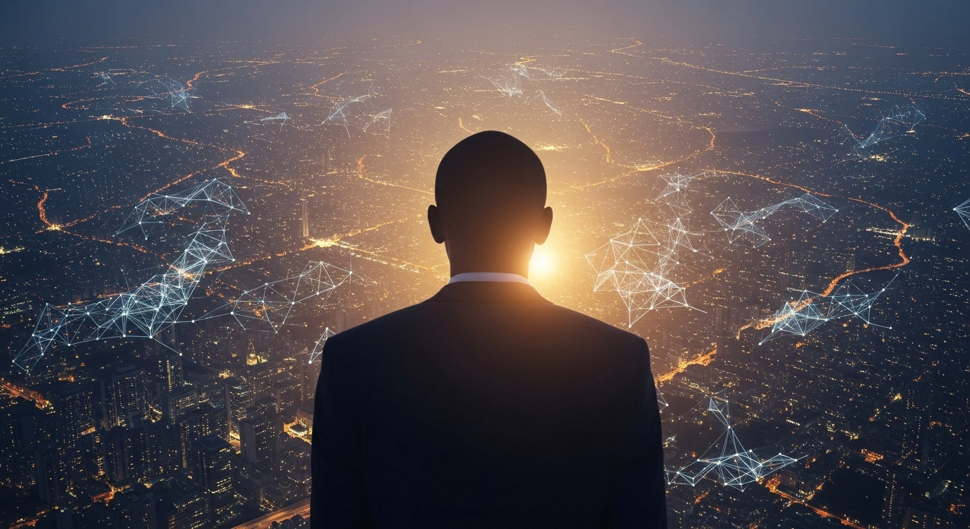 A distinguished figure, representing Indonesia's growing stature as a middle power, stands silhouetted against a sprawling, interconnected cityscape at dusk, symbolizing its active contribution to a fragmented global order through diplomatic initiatives and economic strength.