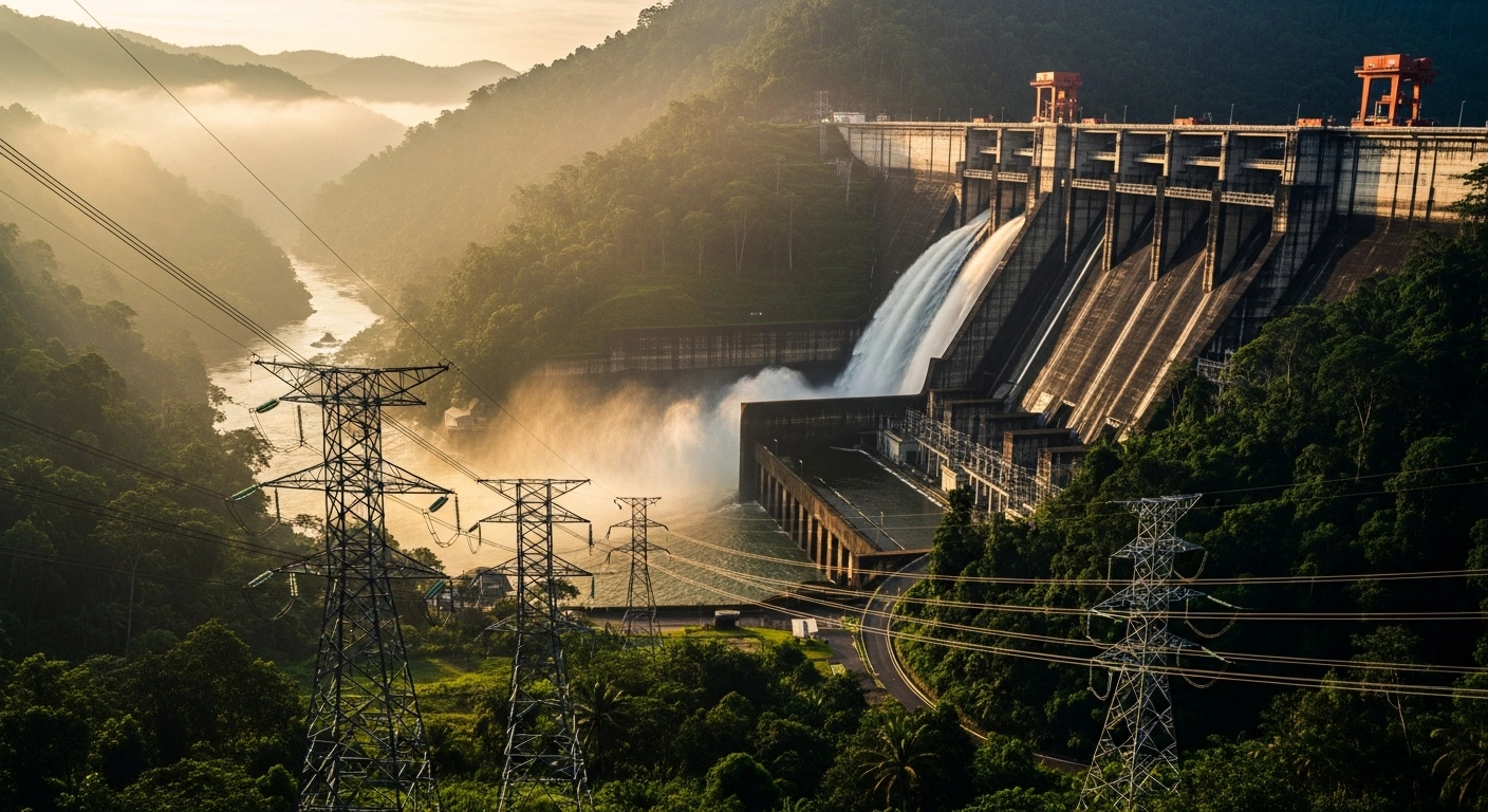 A modern hydroelectric dam generates renewable energy in a lush Indonesian rainforest as part of a national infrastructure initiative.