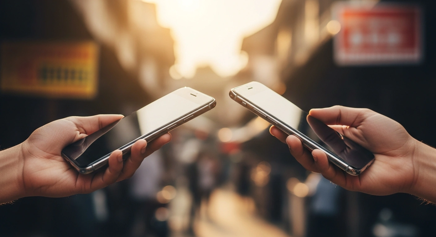 Two smartphones are held together in a marketplace to represent the integration of Indonesia's QRIS and India's UPI digital payment systems for cross-border transactions.