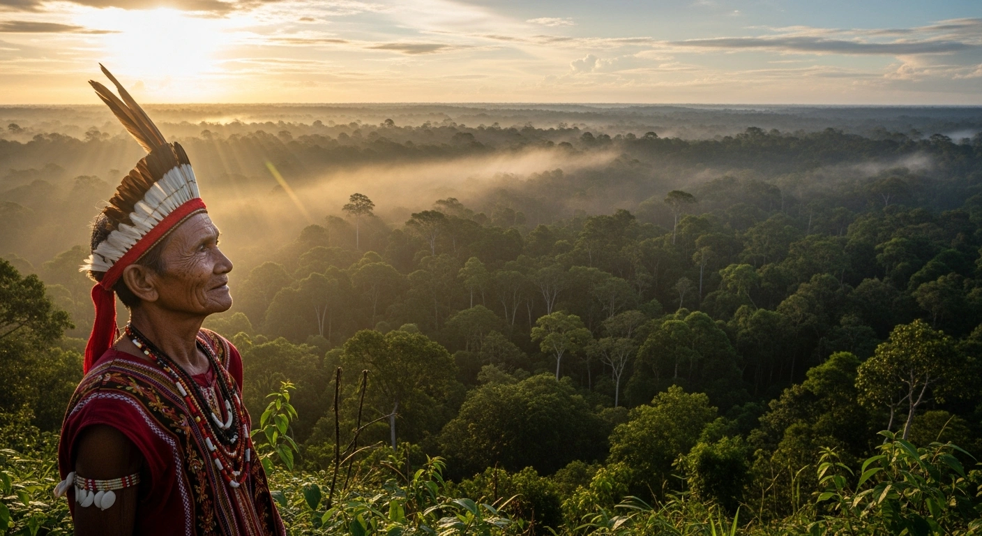 An indigenous Indonesian elder in traditional attire stands at the edge of a vast, sunlit rainforest, symbolizing Indonesia's commitment to recognizing customary forest rights for indigenous communities and bolstering environmental protection.