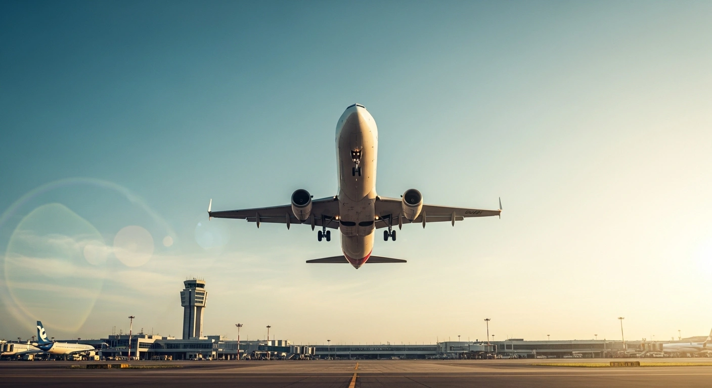 A commercial airplane takes off from an Indonesian airport, confirming that international flights are continuing as normal despite rumors of travel bans.