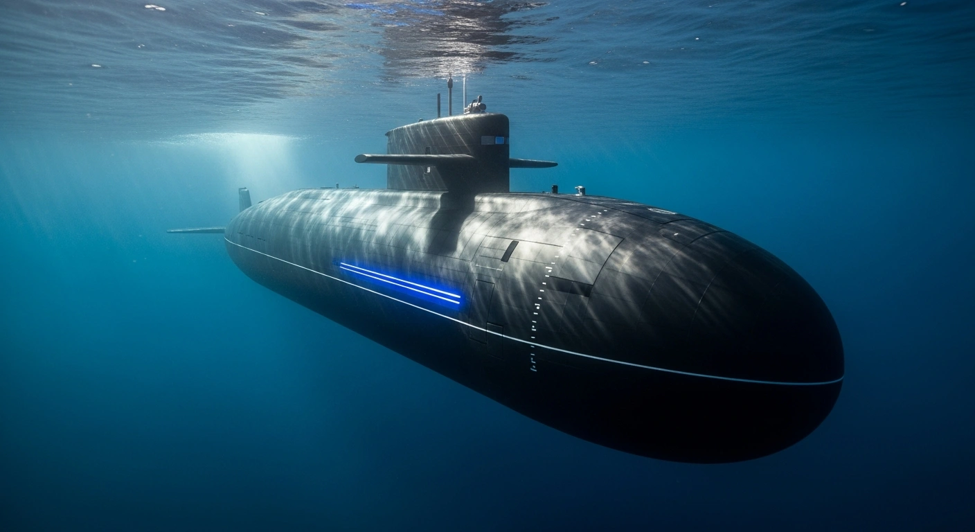 A sleek, dark autonomous Indonesian KSOT submarine, developed by PT PAL Indonesia, with a subtle blue glow, navigates a deep underwater trench as moonlight filters from the surface, symbolizing its role in securing vital sea lanes and strategic choke points for naval defense.