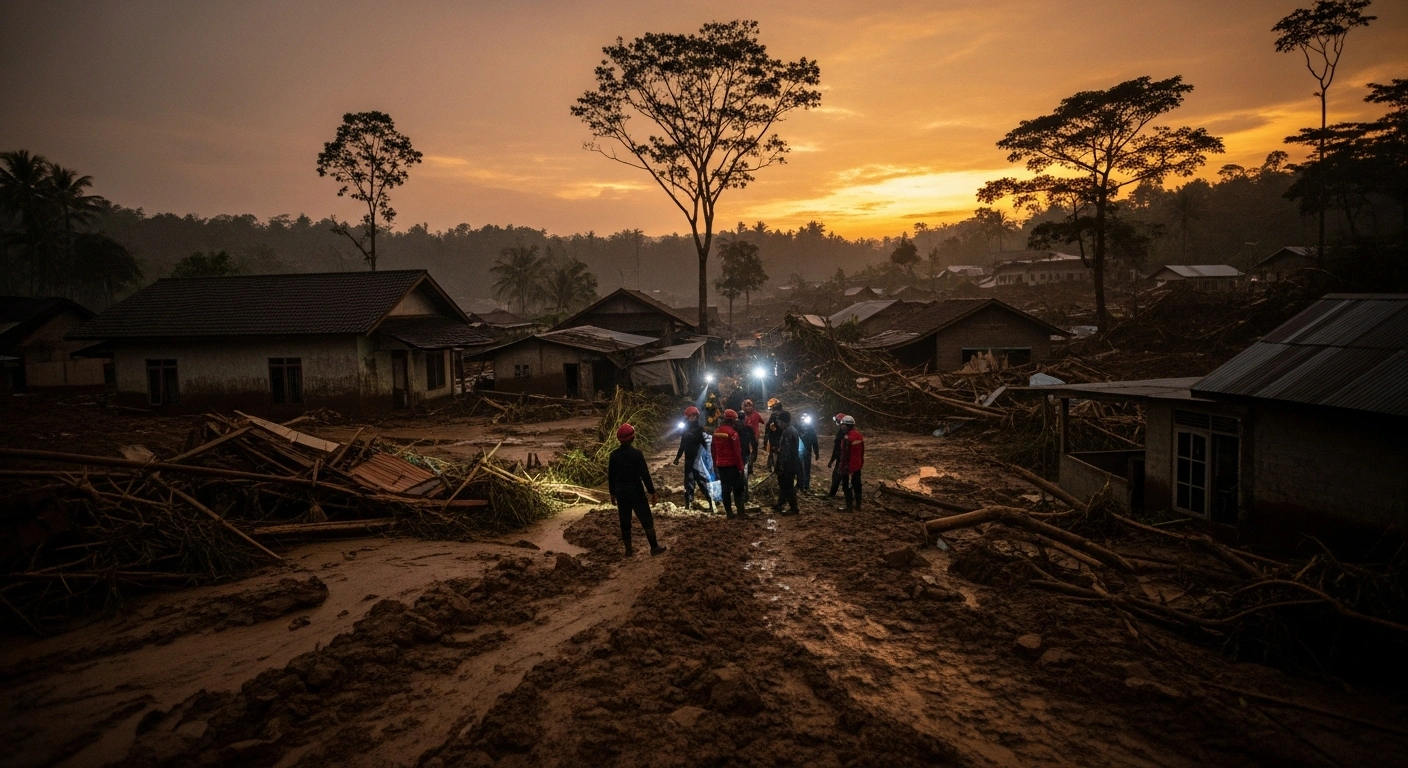 A wide shot at dusk shows a devastated Indonesian village in Central Java, with homes buried under mud and debris from recent landslides, as rescue workers search through the wreckage under challenging conditions, reflecting the aftermath of torrential rains that triggered disasters in Cilacap and Banjarnegara, claiming 30 lives and leaving 21 unaccounted for.