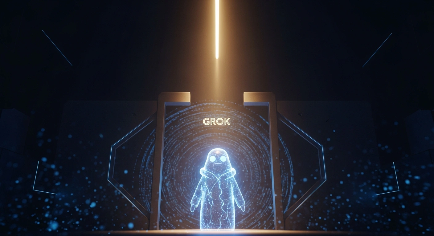 An ethereal, glowing blue AI entity, representing Grok, emerges from a digital mist through a partially opened futuristic gate, illuminated by a golden light, symbolizing Indonesia lifting the ban on Grok after X Corp's commitment to content control.