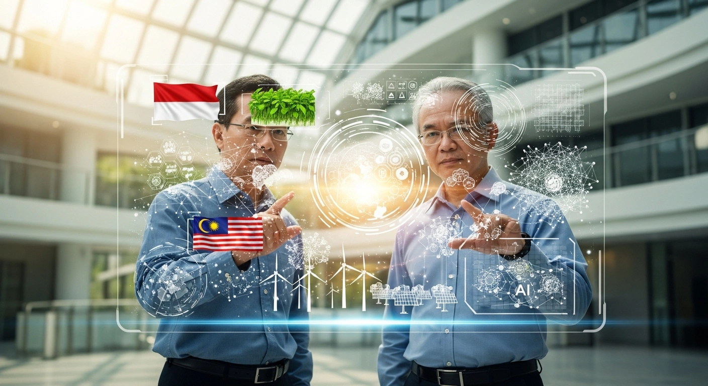 Two researchers, representing Indonesia and Malaysia, stand in a modern research facility, observing a holographic display that visualizes data on food security, green economy, renewable energy, and artificial intelligence, symbolizing their enhanced research collaboration between higher education institutions.