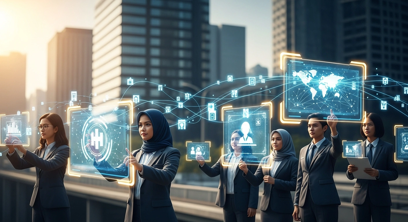 A diverse group of people in Indonesia interact with holographic interfaces representing the national AI strategy for healthcare and education.