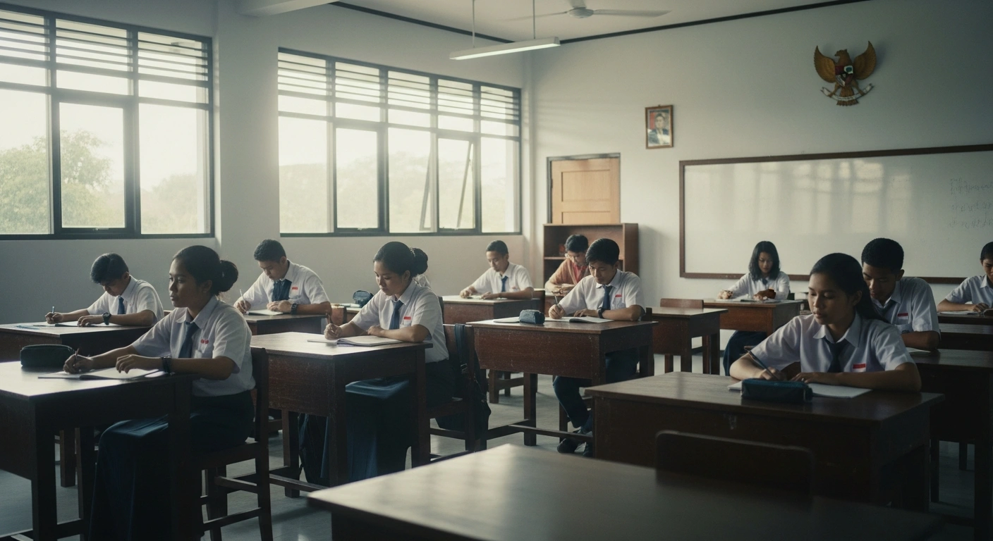 Students participate in a modern classroom as part of the Indonesian National Integrated Schools program to improve educational quality.