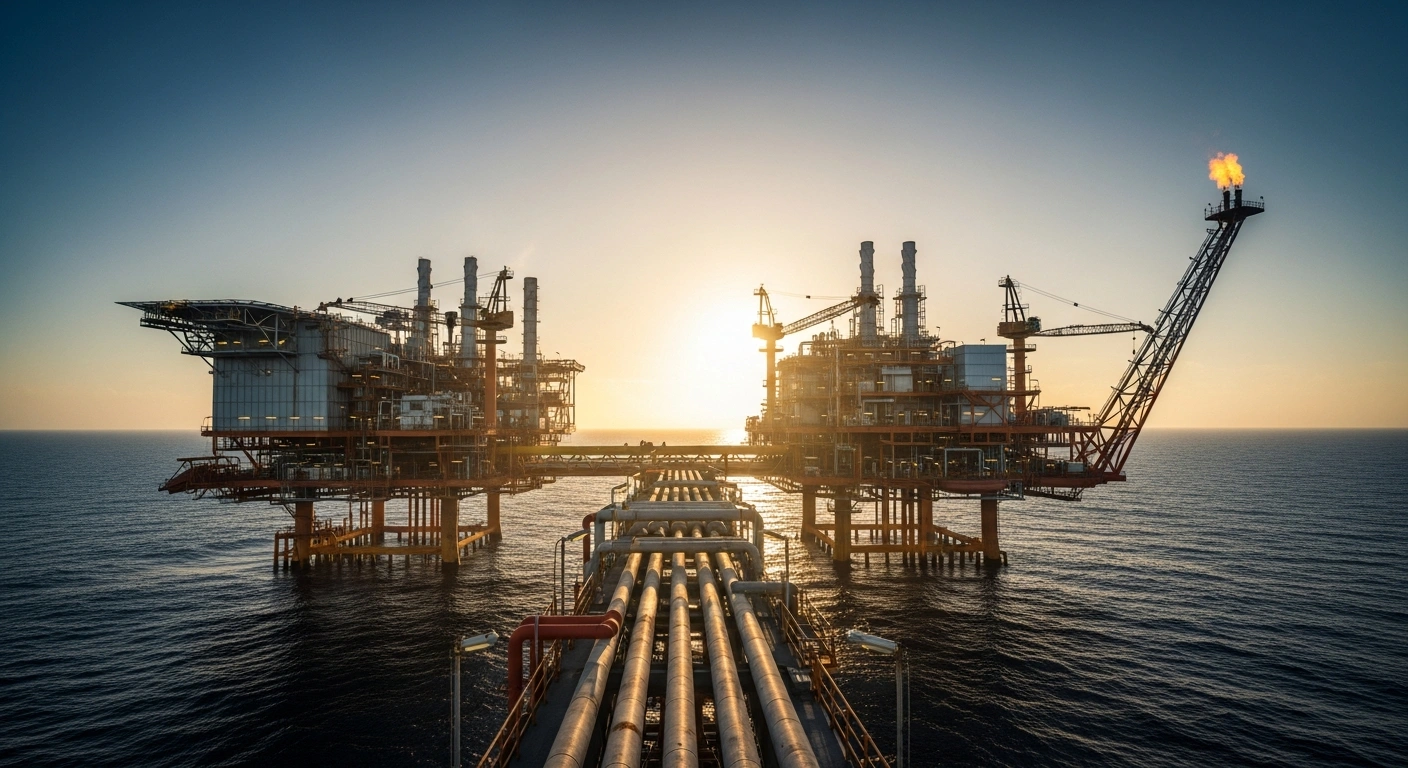 An offshore oil platform stands in the ocean as part of Indonesia's strategy to increase national energy production and exploration.
