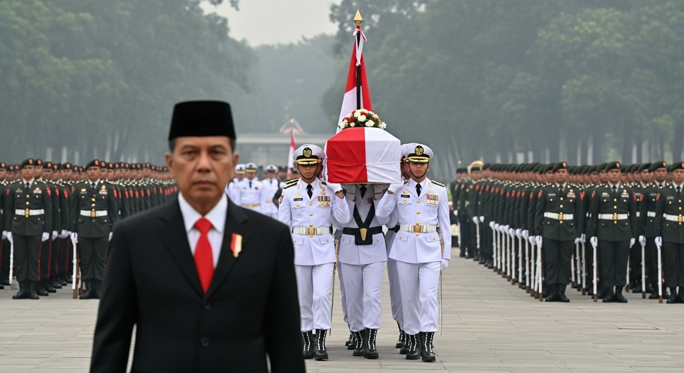 President Prabowo Subianto, dressed in military attire, leads a solemn military funeral ceremony for Indonesia's sixth vice president, Try Sutrisno, at the Kalibata National Heroes Cemetery, with uniformed personnel and a flag-draped coffin visible.