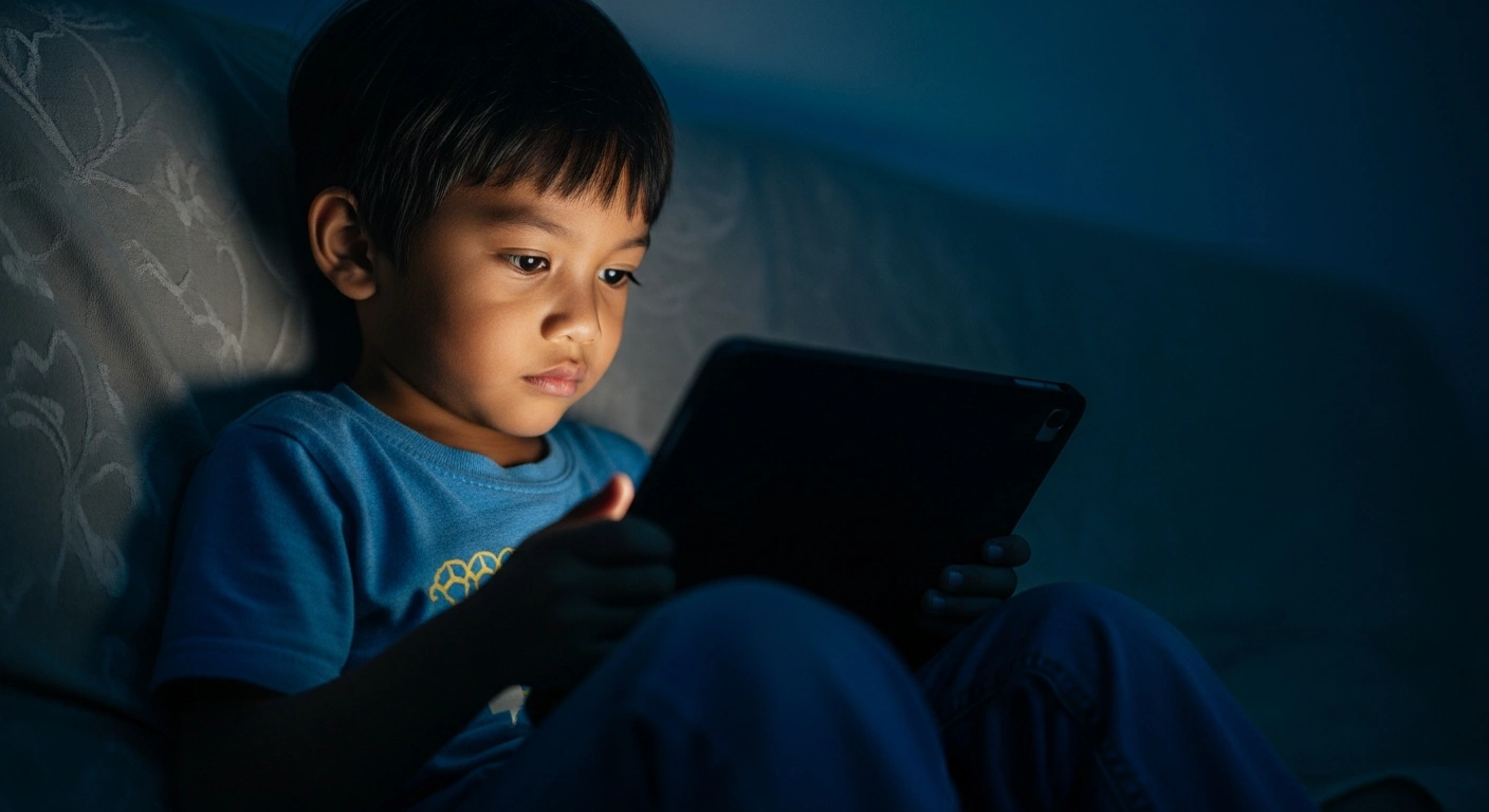 A young child uses a tablet in a secure environment as Indonesia implements new digital safety regulations to protect minors from harmful online content.
