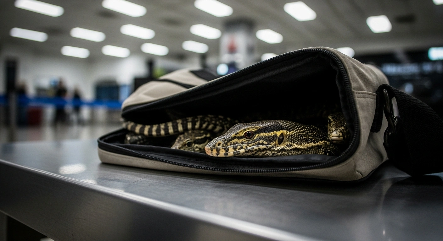 A close-up view shows various live reptiles, including a Black Tree Monitor, pythons, leopard geckos, and tegu lizards, peeking from a partially opened travel bag on a metallic airport inspection table under harsh fluorescent lighting, depicting illegal wildlife smuggling at an airport.