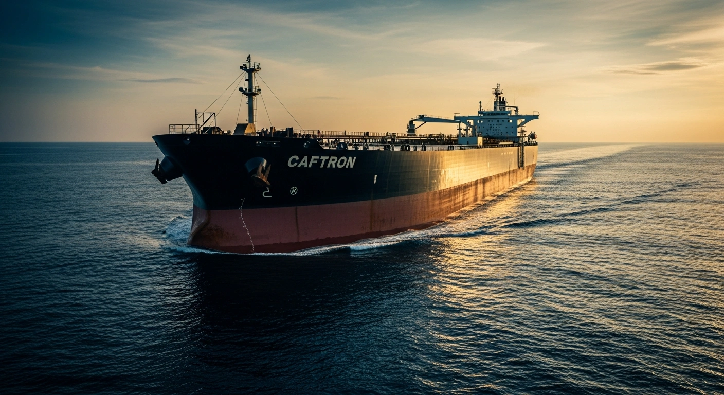 A large oil tanker travels across the ocean to deliver Russian oil to Indonesia to support national energy security.