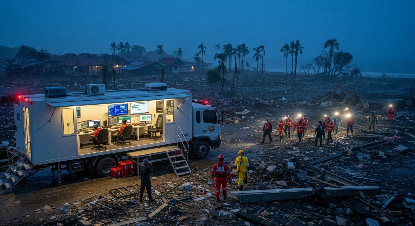 An aerial view at dawn shows a brightly lit mobile command center coordinating organized search and rescue (SAR) teams moving through a rain-soaked, disaster-stricken Indonesian coastal town, symbolizing a centralized national command for streamlined emergency responses and improved life-saving capabilities.
