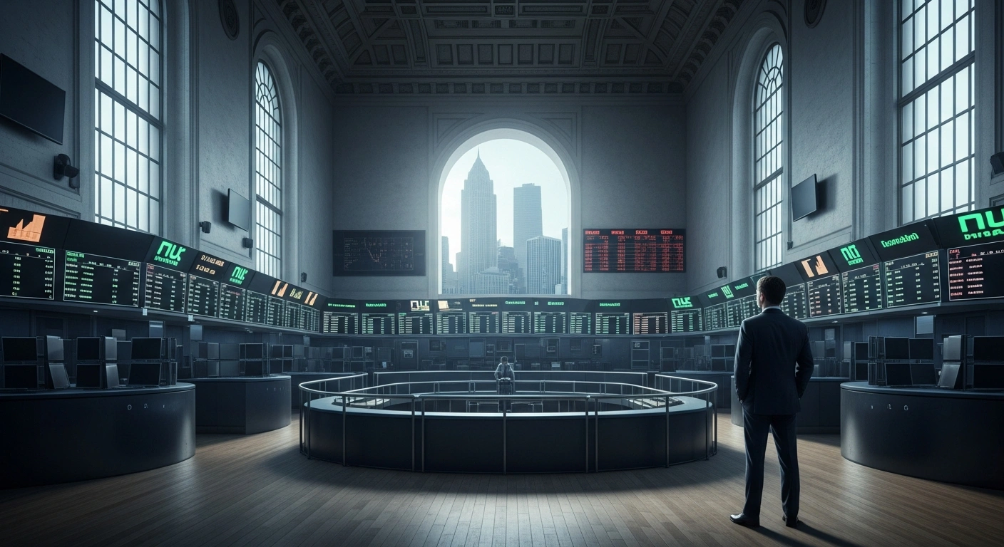A wide shot of a grand, slightly aged stock exchange trading floor, bathed in cool dawn light, with an empty central trading pit and a red-glowing digital ticker board hinting at recent market sell-off, symbolizing the Indonesia Stock Exchange's efforts to address MSCI's concerns over transparency and free float requirements.