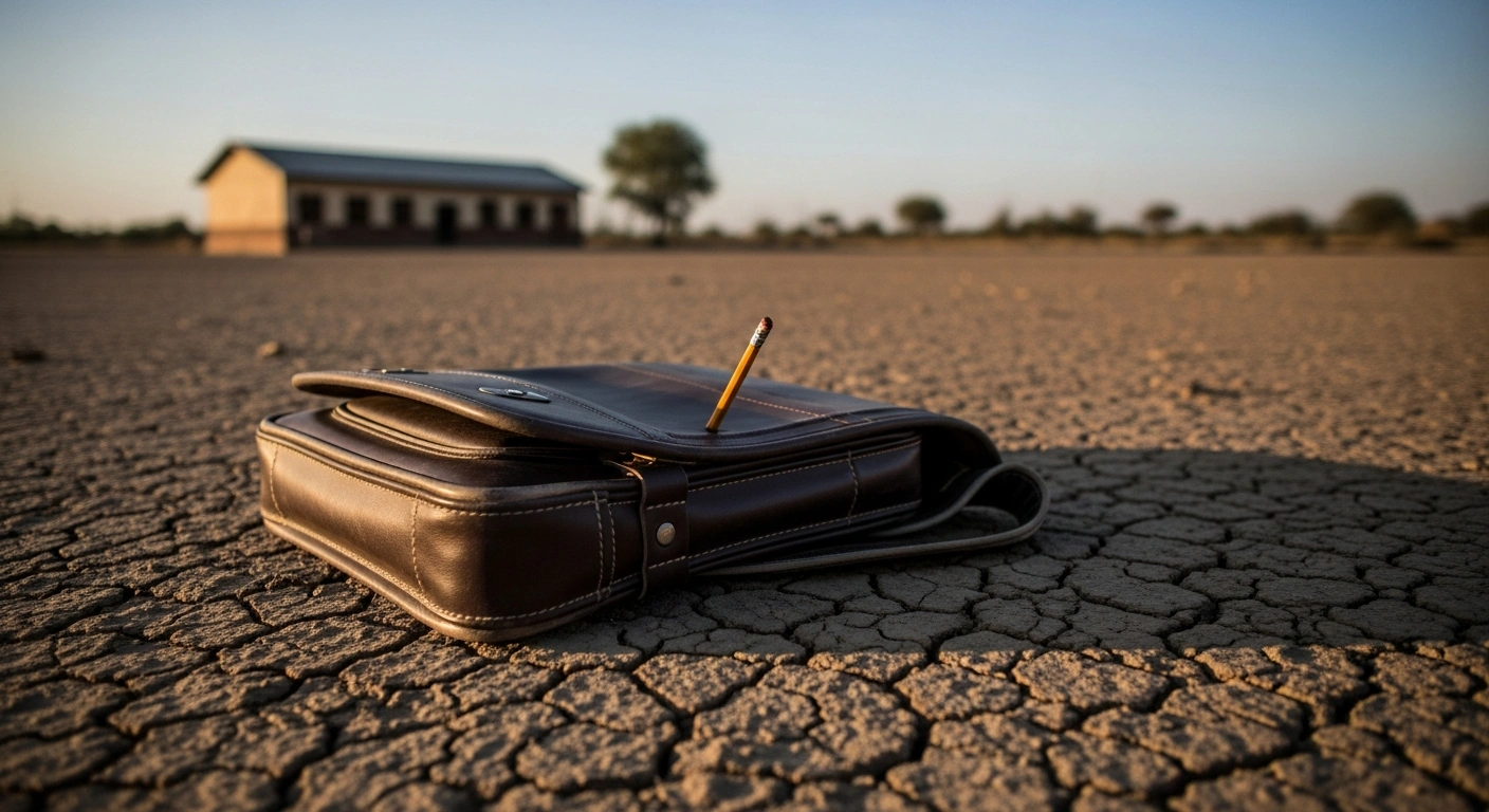 A tattered school bag with a broken pencil lies on parched, cracked earth under a vast sky, symbolizing the tragic death of a 10-year-old student in Ngada Regency, East Nusa Tenggara, due to poverty and lack of school supplies, which ignited national debate over education rights and social protection programs in Indonesia.