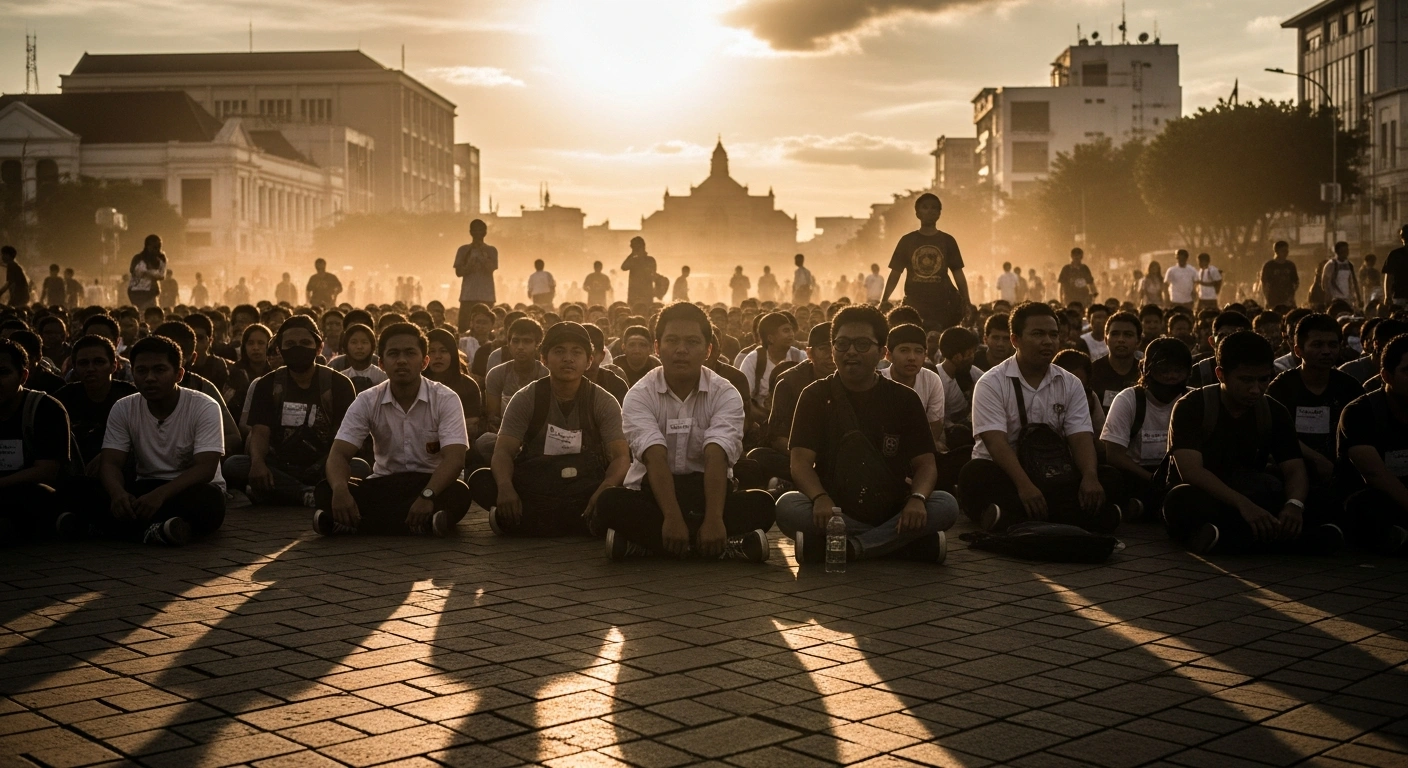 Indonesian student protesters gather in a city square to demand government accountability and a cabinet evaluation.