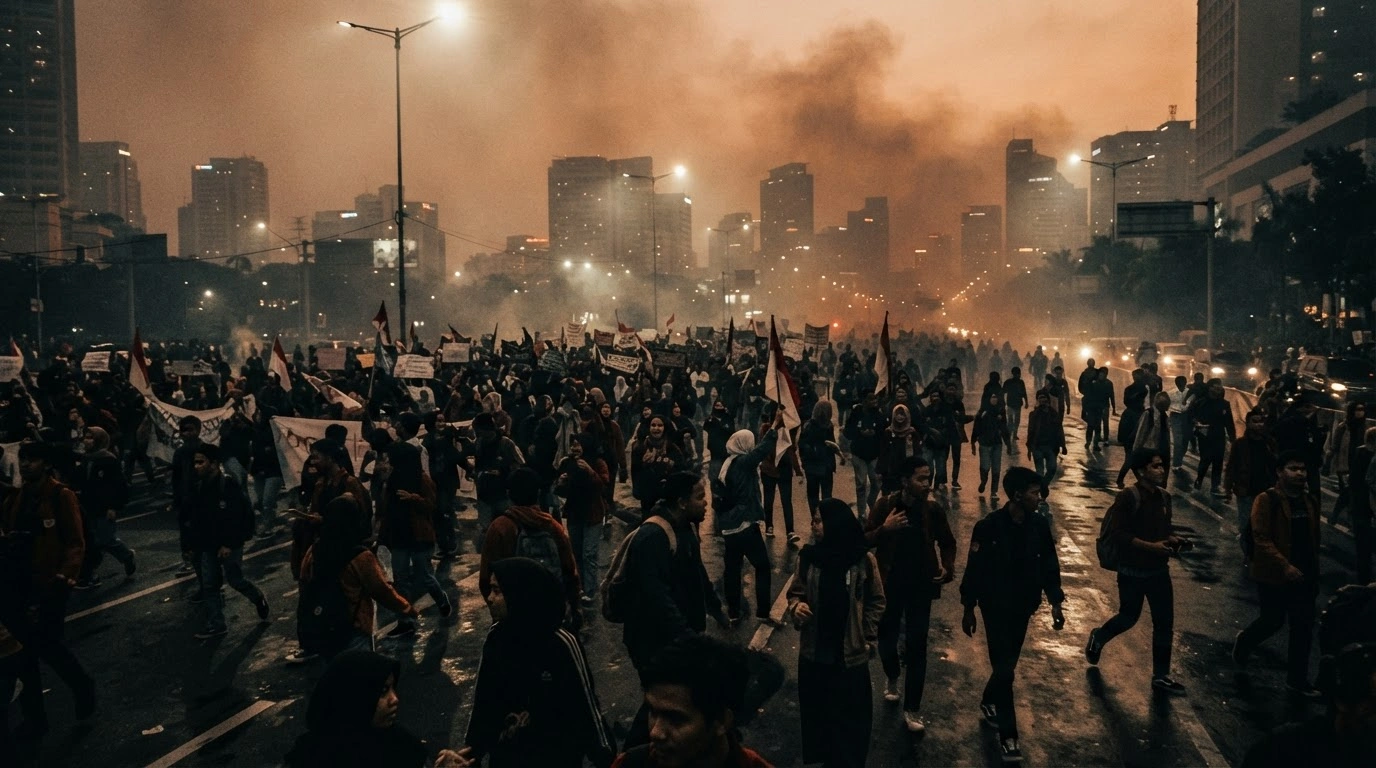 Thousands of Indonesian students march through a city street during a protest against economic instability and environmental haze.