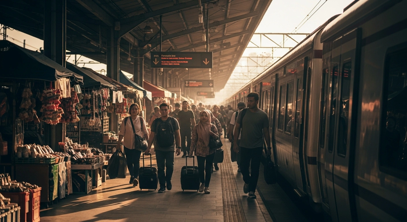 Travelers board a train at a busy Indonesian station as part of a government initiative to boost domestic tourism through reduced transport fares.