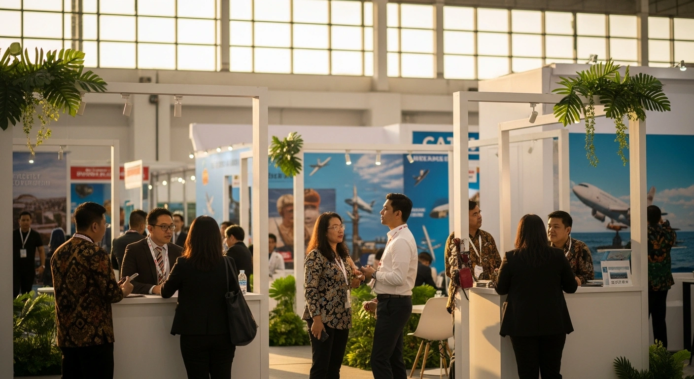 A busy exhibition hall in Jakarta hosts the 21st Indonesia Travel Fair, where industry stakeholders and travelers gather to promote tourism and aviation recovery.