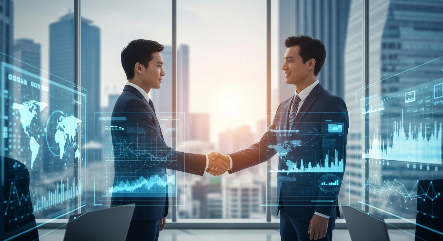 Representatives from Indonesia and Turkiye shake hands in a modern office to signify their new bilateral cooperation agreement on labor and digital workforce development.