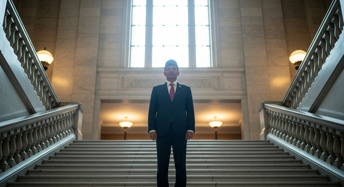 A distinguished ambassadorial figure, representing Indonesia, stands poised at the top of a grand, polished marble staircase within a stately international institution, symbolizing Indonesia's historic nomination as the sole candidate for the 2026 UN Human Rights Council presidency.