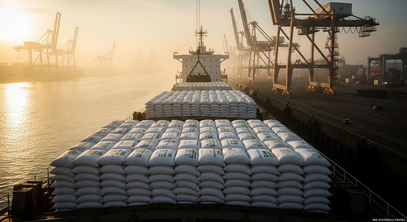 A large cargo ship carrying urea fertilizer departs from an Indonesian port to address international supply shortages caused by the closure of the Strait of Hormuz.