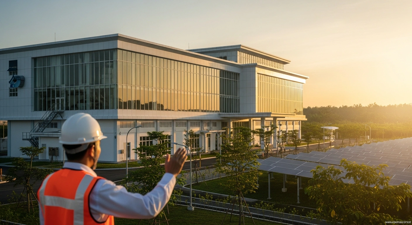 An engineer stands in front of a modern waste-to-energy plant in Indonesia, representing the nation's new sustainable infrastructure initiative.