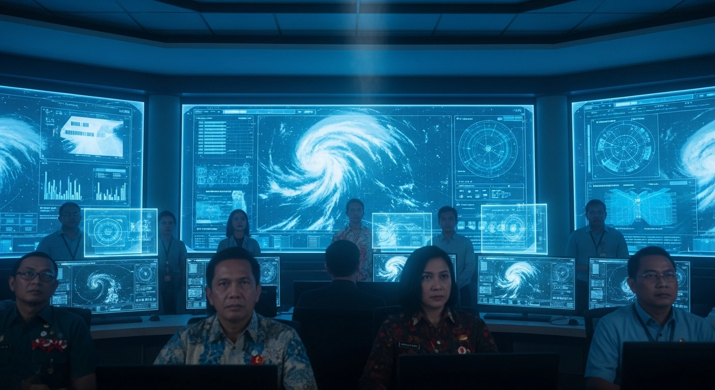 A team of Indonesian meteorologists and government officials, including representatives from the Coordinating Ministry for Infrastructure and Regional Development and BMKG, are intensely monitoring holographic weather displays in a high-tech control room, preparing for extreme weather mitigation during the Christmas and New Year 2025-2026 holidays, with forecasts of heavy rainfall and strong winds.